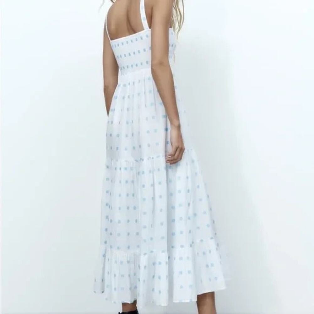 Zara Floral Embroidered Tiered Maxi Sundress Smocked White Blue Dress Size Large - Picture 10 of 16